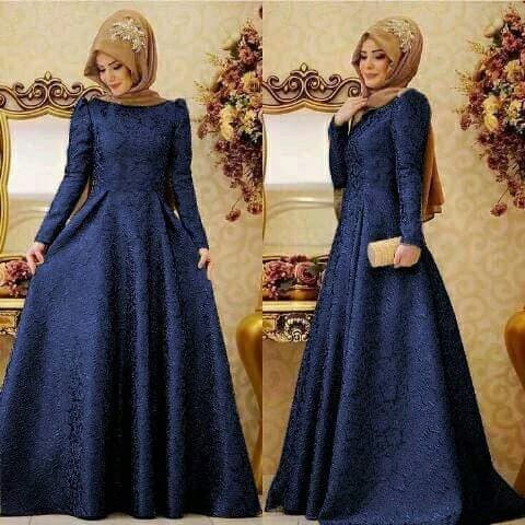 Gamis brokat navy berpayet untuk kondangan